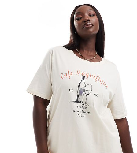 T-shirt squadrata beige con grafica "Cafe Magnifique" - Only Curve - Modalova