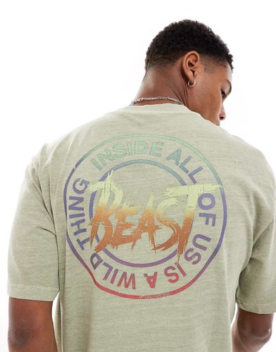 T-shirt comoda kaki slavato con stampa rétro "beast" sul retro - ONLY & SONS - Modalova