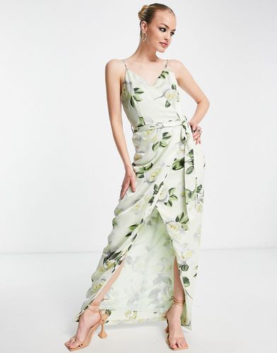 Vestito lungo avvolgente in raso verde tenue a fiori con cintura - Liquorish - Modalova