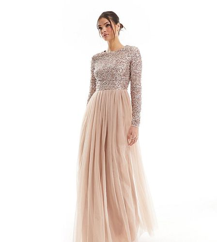 Vestito da damigella lungo a maniche lunghe in tulle cipria tenue con delicate paillettes tono su tono - Maya Tall - Modalova