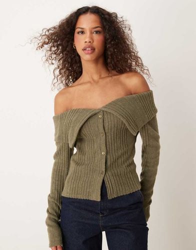 Cardigan morbido spazzolato kaki a coste con scollo Bardot - Miss Selfridge - Modalova