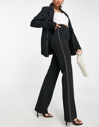 Pantaloni a zampa decorati a vita alta neri con finitura laterale di perle in coordinato - Miss Selfridge - Modalova