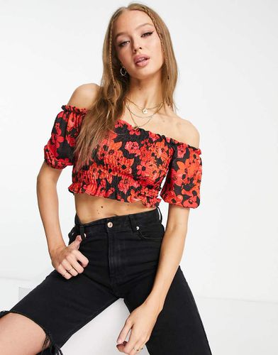 Top arricciato rosso con scollo alla Bardot - Miss Selfridge - Modalova