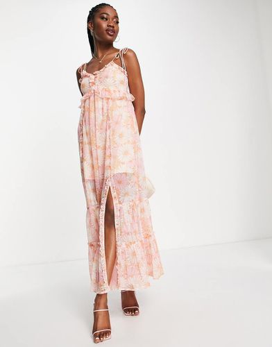 Vestito lungo a sottoveste in chiffon a fiori arancioni rétro con volant - Miss Selfridge - Modalova