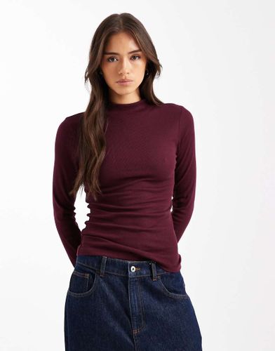 Top côtelé à manches longues et col droit - Bordeaux - New Look - Modalova