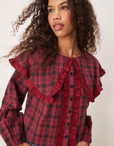 Blusa oversize bordeaux a quadri scozzesi con colletto - Neon Rose - Modalova