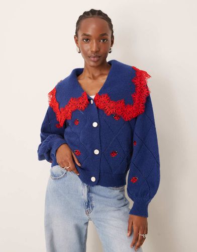 Cardigan blu navy con coccinelle ricamate - Neon Rose - Modalova