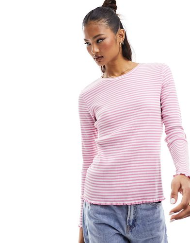 T-shirt a maniche lunghe a coste rosa e bianca a righe con bordi smerlati - Selected - Modalova