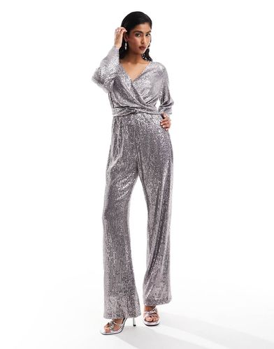 Tuta jumpsuit con scollo profondo e paillettes color canna di fucile - Style Cheat - Modalova