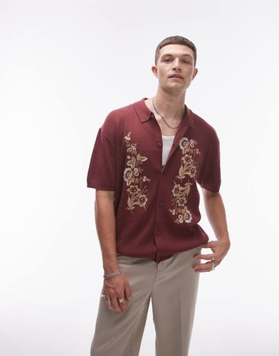 Camicia comoda color prugna in maglia con ricamo floreale - Topman - Modalova