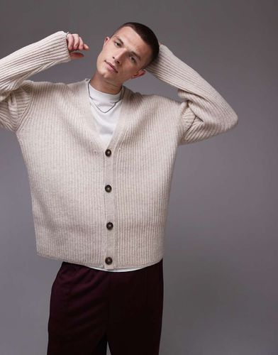 Cardigan in lana d'agnello color pietra a coste - Topman - Modalova