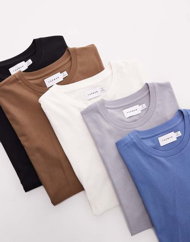 Confezione da 5 T-shirt regular fit nera, écru, marrone, blu e grigia - Topman - Modalova