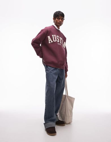 Felpa oversize bordeaux con ricamo "Austin" in ciniglia - Topman - Modalova