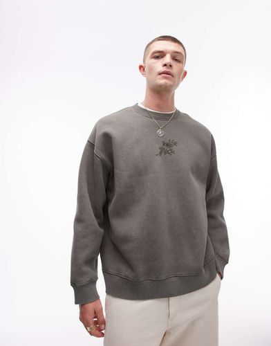 Felpa oversize con ricamo a fiori kaki slavato - Topman - Modalova