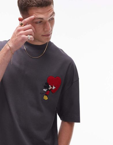 X Disney - T-shirt premium extra oversize antracite con toppa ricamata a forma di cuore con Topolino - Topman - Modalova