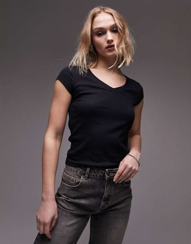 T-shirt slim nera a coste con scollo a V - Topshop - Modalova