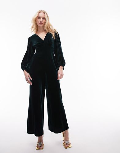 Tuta jumpsuit in velluto verde con scollo profondo - Topshop - Modalova