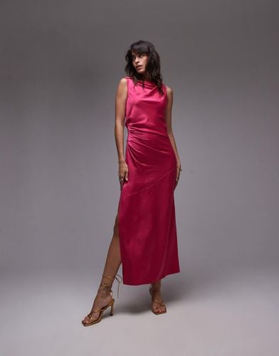 Vestito midi rosa in raso con pinces in vita e spalle annodate - Topshop - Modalova