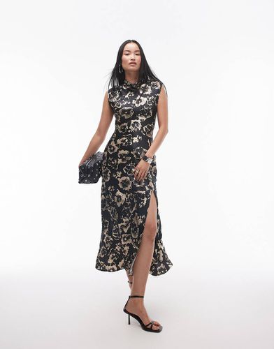 Vestito lungo monocromatico con stampa sfocata a fiori e scollo drappeggiato - Topshop - Modalova