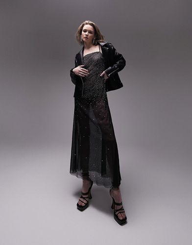 Vestito lungo nero in rete con spalline sottili e applicazioni a caldo - Topshop - Modalova