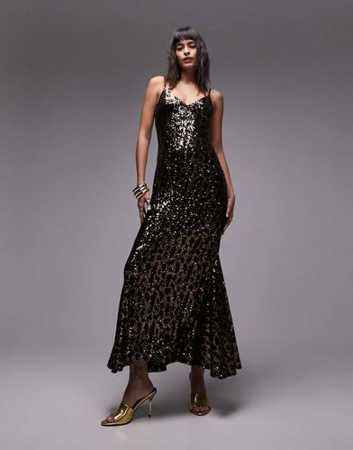 Vestito lungo in paillettes nere e oro animalier - Topshop - Modalova