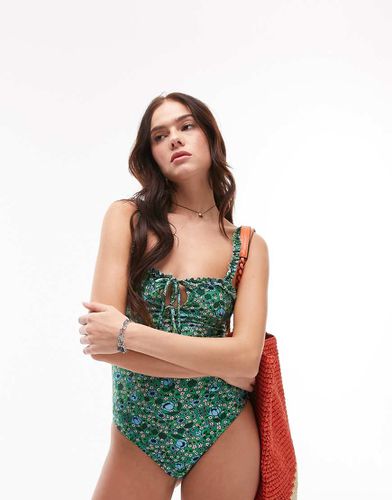 Costume da bagno verde con stampa floreale e finiture con volant - Topshop - Modalova