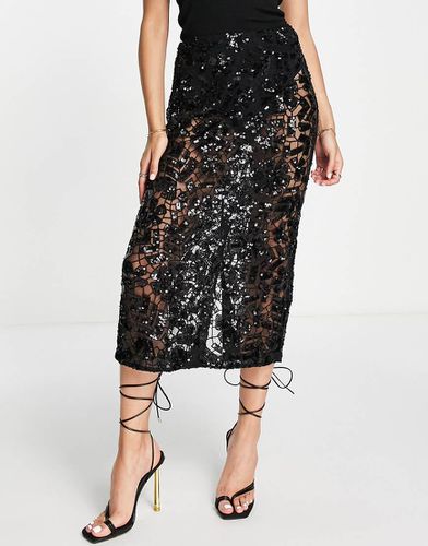 Gonna midi premium in pizzo a rete nera decorata a mano - Topshop - Modalova