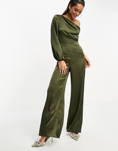 Tuta jumpsuit di raso monospalla oliva - TFNC - Modalova