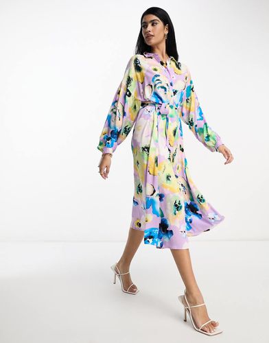 Y.A.S - Vestito camicia midi a maniche lunghe con stampa a fiori oversize sfocata - YAS - Modalova