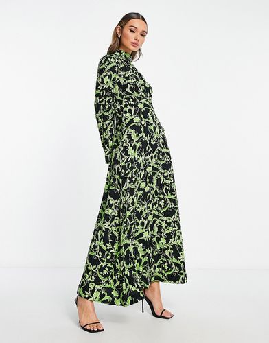 Vestito lungo accollato verde con stampa a fiori - Y.A.S - Modalova