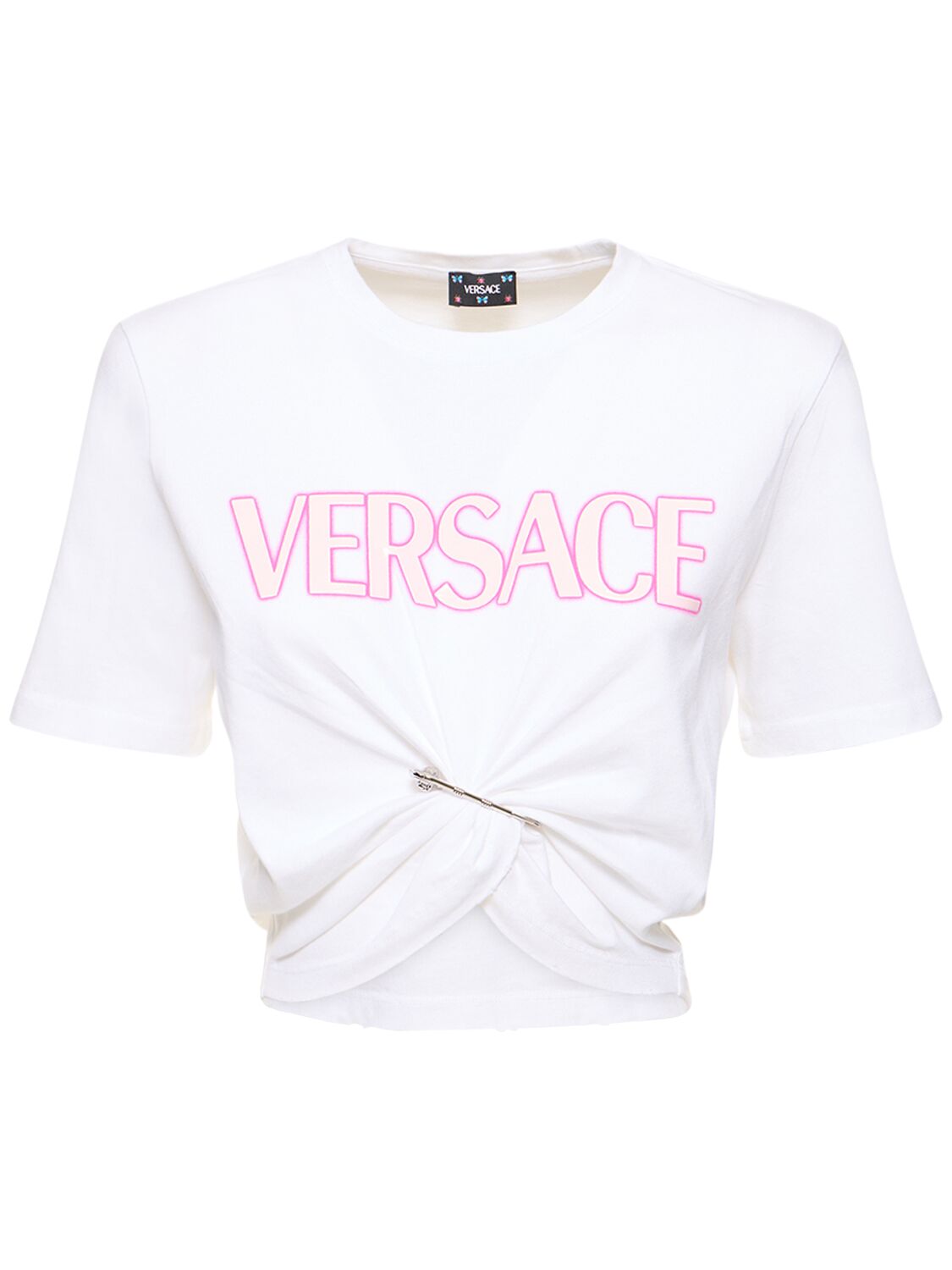 T-shirt Cropped In Cotone Con Logo E Spilla - VERSACE - Modalova