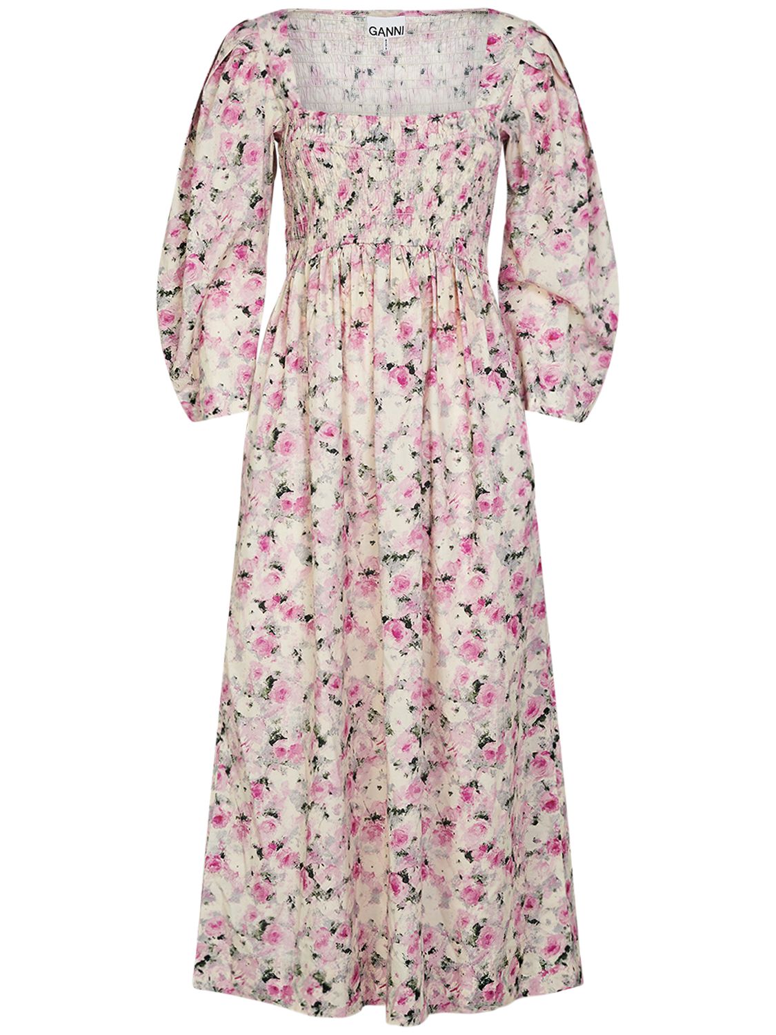 Smocked Printed Cotton Long Dress - GANNI - Modalova