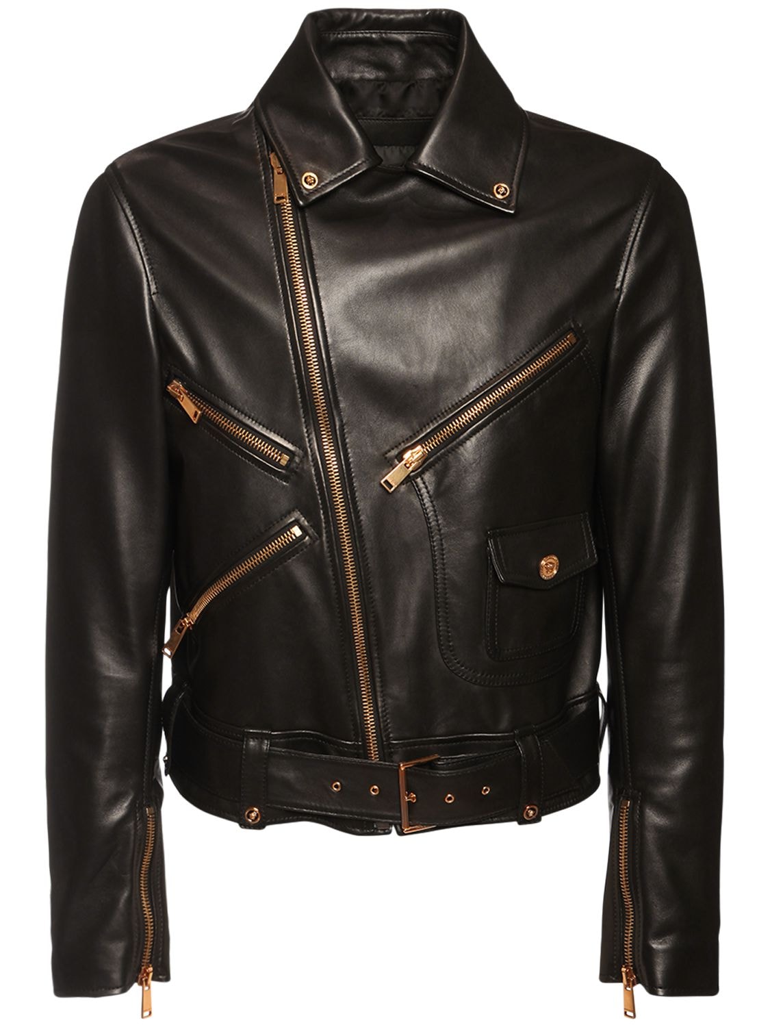 Leather Biker Jacket - VERSACE - Modalova