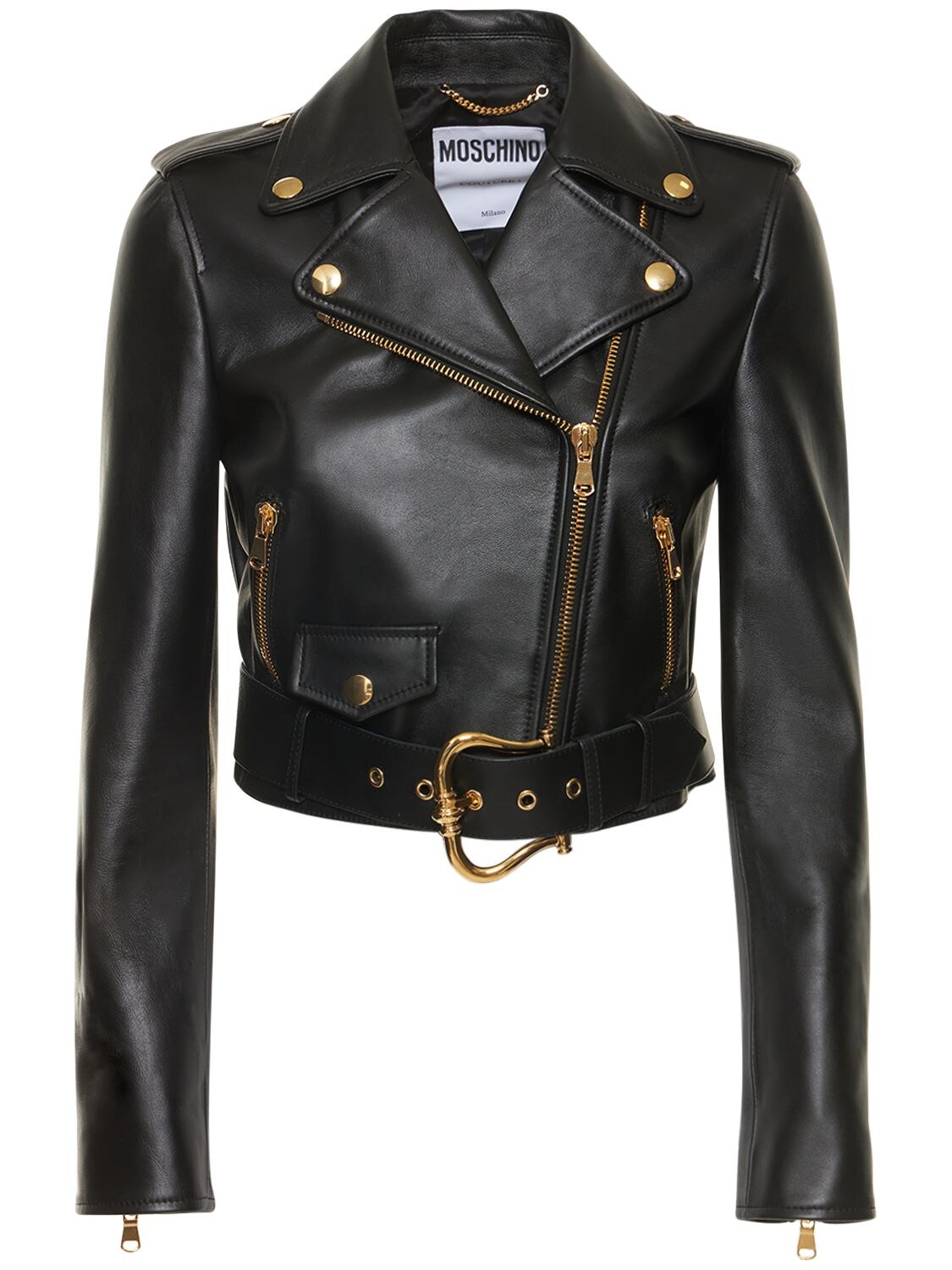 Leather Printed Biker Jacket - MOSCHINO - Modalova