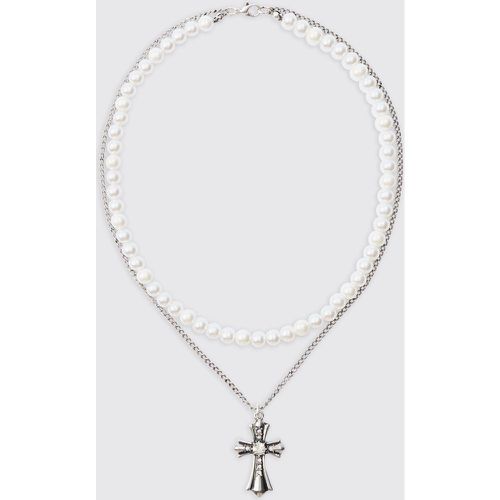 Pearl & Chain Necklace With Cross Pendant In Silver - boohoo - Modalova