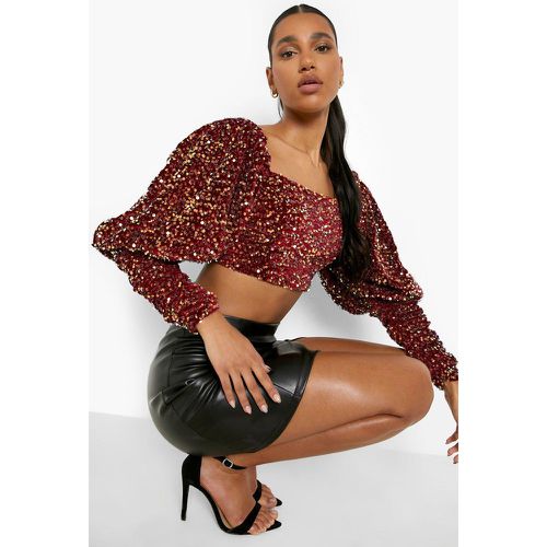 Top De Lentejuelas Y Terciopelo Con Mangas Bombachas - boohoo - Modalova