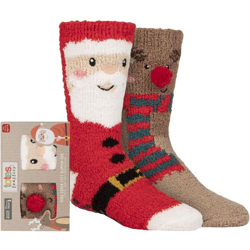 Boys and Girls 2 Pair Chunky Christmas Novelty Slipper Socks with Pom Pom Detail Santa / Reindeer 2-3 Years - Totes - Modalova