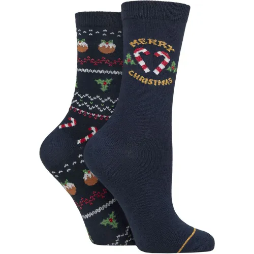 Women's 2 Pair Candy Cane and Christmas Pudding Socks Navy One Size - Charnos - Modalova