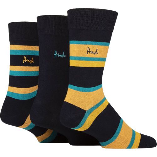 Mens 3 Pair Patterned Bamboo Socks Mix Stripes Navy / Teal 7-11 - Pringle - Modalova