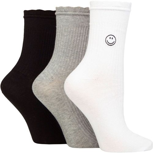 Ladies 3 Pair SOCKSHOP Mid Length Frill Top Embroidered Socks White / Grey / Black Smiley 4-8 UK - Wildfeet - Modalova