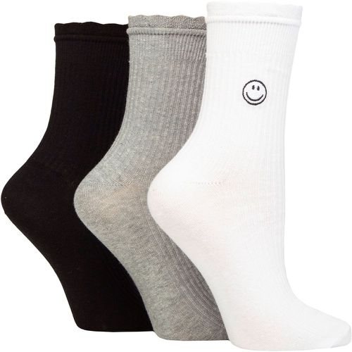 Women's 3 Pair SOCKSHOP Mid Length Frill Top Embroidered Socks White / Grey / Black Smiley 4-8 UK - Wildfeet - Modalova