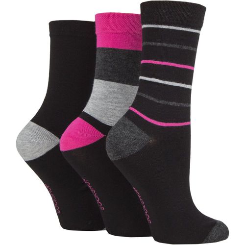 Ladies 3 Pair Patterned Plain and Striped Bamboo Socks Black / Grey / Pink Striped 4-8 Ladies - SockShop - Modalova