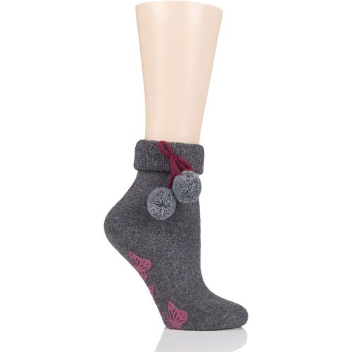 Ladies 1 Pair Wool Mix Slipper Socks with Pompoms Charcoal 4-8 Ladies - Elle - Modalova