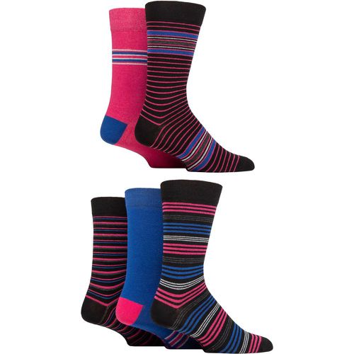 Mens 5 Pair Plain and Patterned Cotton Socks with Gentle Grip Tops Black / Blue Stripe 7-11 Mens - SockShop - Modalova