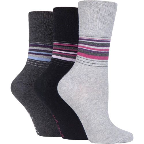 Ladies 3 Pair Cotton Patterned and Striped Socks Stripes Black / Charcoal 4-8 Ladies - Gentle Grip - Modalova