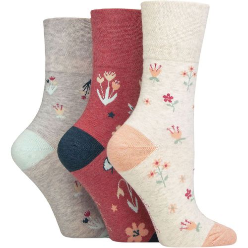 Ladies 3 Pair Cotton Patterned and Striped Socks Floral Memoir Coral / Cream / Grey 4-8 - Gentle Grip - Modalova