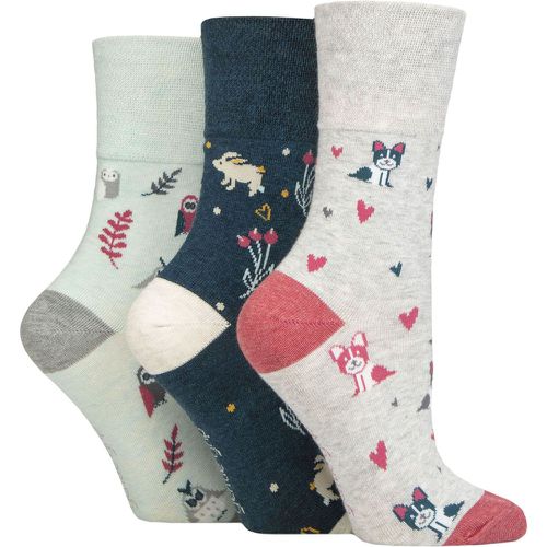 Ladies 3 Pair Cotton Patterned and Striped Socks Dogs / Owl / Bunny 4-8 - Gentle Grip - Modalova