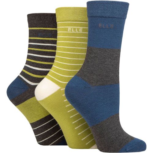 Women's 3 Pair Plain, Striped and Patterned Cotton Socks with Smooth Toes Moonlight Blue Stripe 4-8 - Elle - Modalova