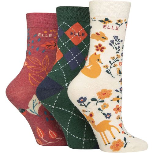 Women's 3 Pair Plain, Striped and Patterned Cotton Socks with Smooth Toes Cinnamon Patterned 4-8 - Elle - Modalova