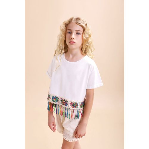 Maglia in puro cotone monocolour con ricamo e frange - Please - Modalova